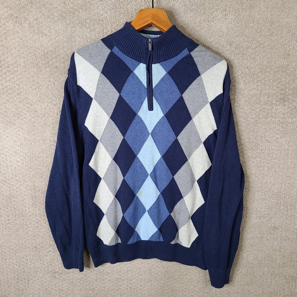 Southern Pines Sweater Mens Medium Blue Gray Argyle Quarter Zip Pullover Casual